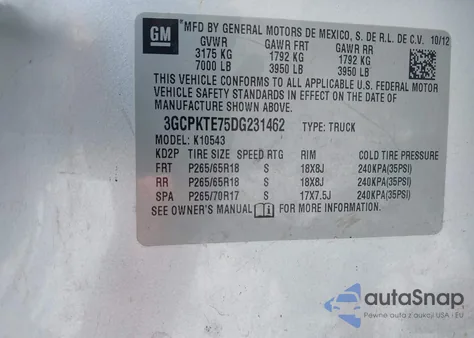 2013 Chevrolet Silverado 1500 Ltz из США, поврежденный, VIN 3GCPKTE75DG231462